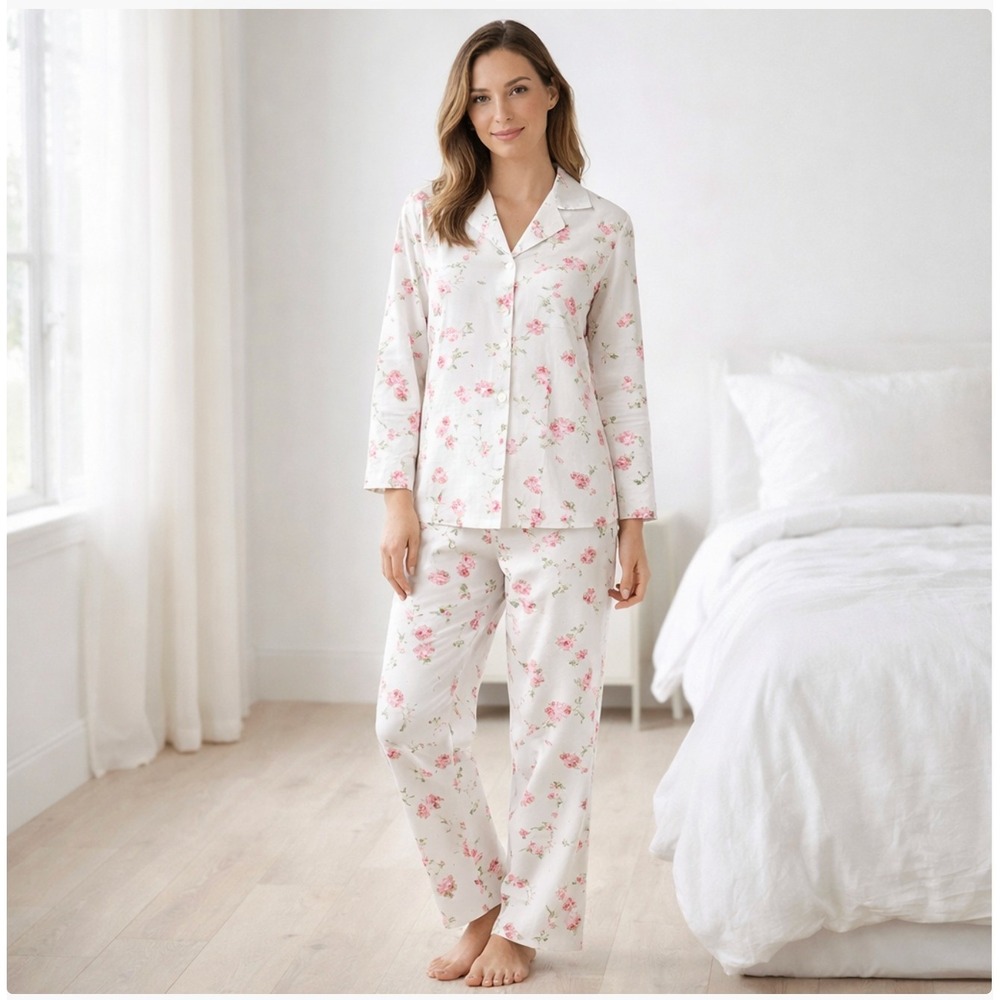 Carole‎ Hochman Womens Pajama Set Small Floral Satin Feel Button Up